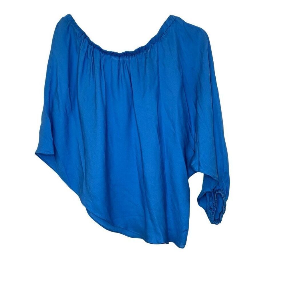 Madison Marcus Silk Asymmetric Off the Shoulder Blue Blouse Top Size Medium